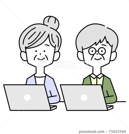 Elderly couple using a computer Elderly couple using a computer 73933584