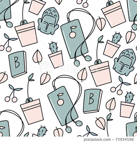 Buddha head, music in headphones, book and indoor flowers Elements of cozy 73934598