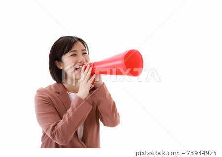 A woman holding a megaphone and cheering 73934925