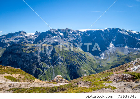 Mountain glaciers landscape view from the Petit Mont Blanc in Pralognan la Vanoise, French alps Mountain glaciers landscape view from the Petit Mont Blanc in Pralognan la Vanoise, French alps 73935343