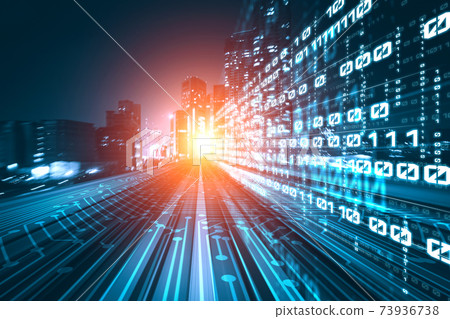 Digital data flow on road with motion blur to create vision of fast speed transfer 73936738