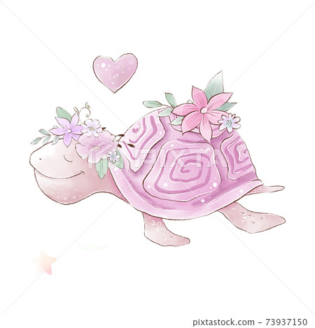 Watercolor illustration of a cute cartoon sea turtle with delicate flowers 73937150