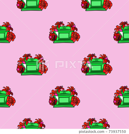 Pink and Green summer tropical seamless pattern with bottles of perfume. Endless texture for fashion design. Pink and Green summer tropical seamless pattern with bottles of perfume. Endless texture for fashion design. 73937550