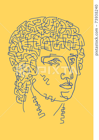Abstract line surreal face. Modern art creative concept image with ancient statue head. Crazy contemporary drawing in modern cubism style. Pop art poster. Zine culture. Funky minimalist. Retro design. 73938240
