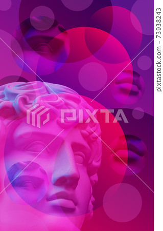Collage with plaster antique sculpture of human face in a pop art style. Modern creative concept image with ancient statue head. Zine culture. Contemporary art poster. Funky minimalism. Retro design. 73938243