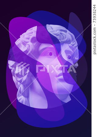 Collage with plaster antique sculpture of human face in a pop art style. Modern creative concept image with ancient statue head. Zine culture. Contemporary art poster. Funky minimalism. Retro design. Collage with plaster antique sculpture of human face in a pop art style. Modern creative concept image with ancient statue head. Zine culture. Contemporary art poster. Funky minimalism. Retro design. 73938244