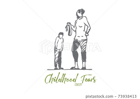 Son, mom, belt, punishment, angry, fear concept. Hand drawn isolated vector. Son, mom, belt, punishment, angry, fear concept. Hand drawn isolated vector. 73938413