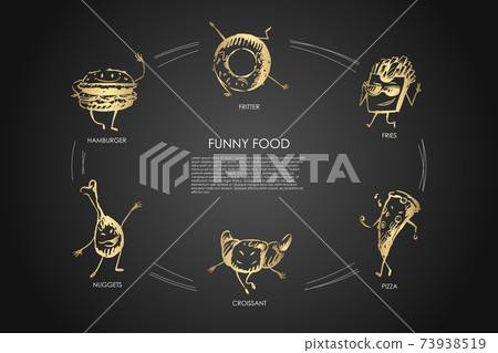 Funny food - hamburger, nuggets, croissant, pizza, fries, fritter vector concept set Funny food - hamburger, nuggets, croissant, pizza, fries, fritter vector concept set 73938519