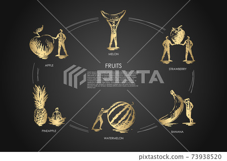 Fruits - apple, pineapple, watermelon, banana, strawberry, melon vector concept set Fruits - apple, pineapple, watermelon, banana, strawberry, melon vector concept set 73938520