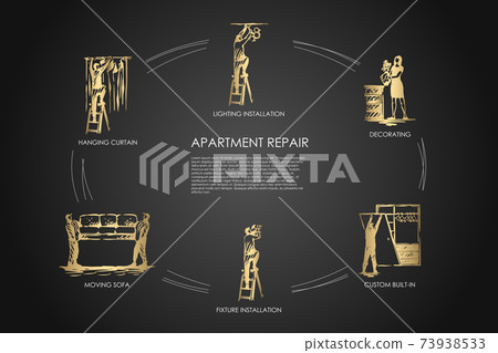Apartment repair - hanging curtain, moving sofa, fixture installation, custom built-in, decorating, lighting installation vector concept set Apartment repair - hanging curtain, moving sofa, fixture installation, custom built-in, decorating, lighting installation vector concept set 73938533