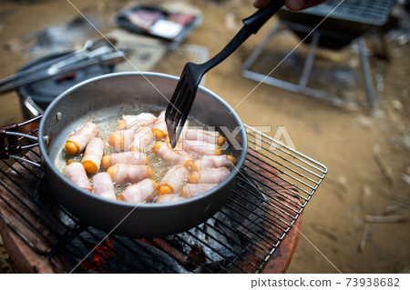 Breakfast for all ages,Pigs in Blankets or Mini sausages wrapped in smoked bacon on a hot frying pan on a charcoal grill at camping,simple food in the kitchen for traveling during in the morning Breakfast for all ages,Pigs in Blankets or Mini sausages wrapped in smoked bacon on a hot frying pan on a charcoal grill at camping,simple food in the kitchen for traveling during in the morning 73938682