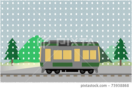 Vector illustration of a train running along the mountain with lights on in the snow 73938868