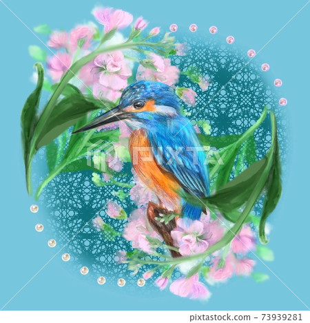 粉紅股票插花和花邊和翠鳥的插圖 73939281