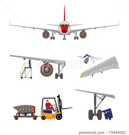 Repair and maintenance of airplane. Set of aircraft parts in flat style. Isolated images 73940002