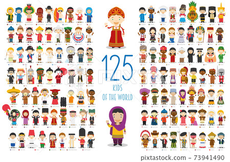 Kids of the World Vector Characters Collection: Set of 125 children of different nationalities in cartoon style. 73941490