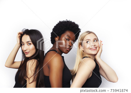 diverse multi nation girls group, teenage friends company cheerful having fun, happy smiling, cute posing isolated on white background, lifestyle people concept, african-american, asian and caucasian 73941874