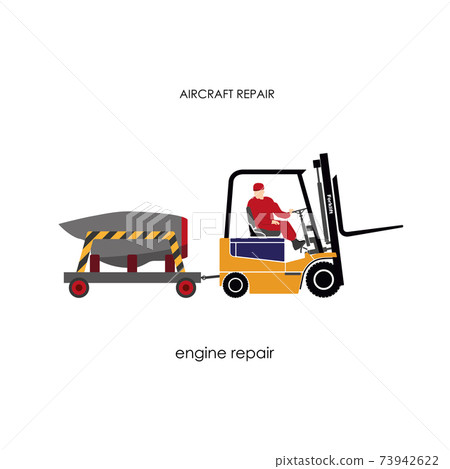 Forklift transporting airplane engine. Repair and maintenance of aircraft. Isolated image 73942622