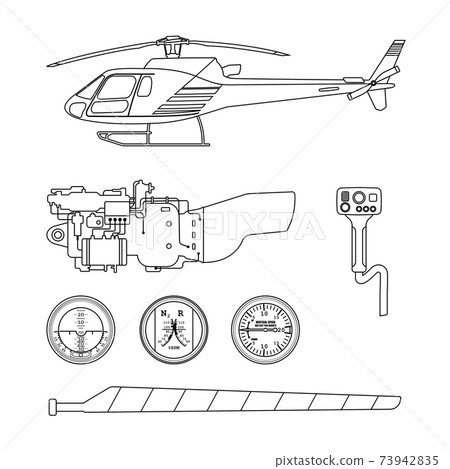 Repair and maintenance of helicopter. Outline helicopter parts. Contour drawing. Isolated blueprint Repair and maintenance of helicopter. Outline helicopter parts. Contour drawing. Isolated blueprint 73942835
