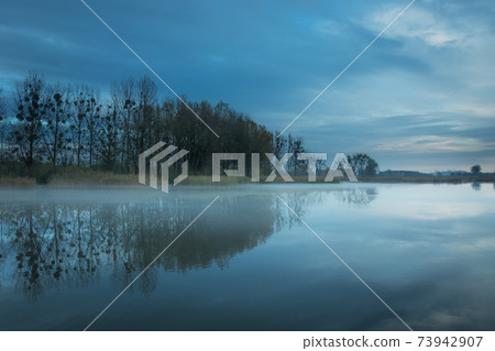 Misty lake, trees without leaves and the evening sky Misty lake, trees without leaves and the evening sky 73942907