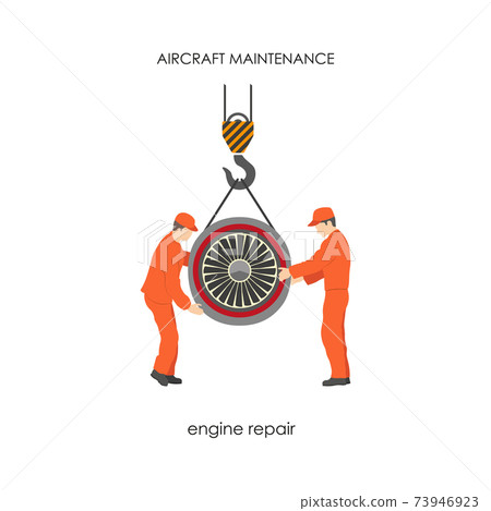 Workers raised airplane engine on lift. Repair and maintenance of aircraft. Plane service Workers raised airplane engine on lift. Repair and maintenance of aircraft. Plane service 73946923