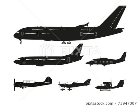 Black silhouettes of airplane on white background . Isolated aircrafts Black silhouettes of airplane on white background . Isolated aircrafts 73947007