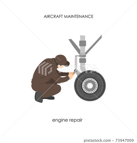Engineer repairing aircraft landing gear. Repair and maintenance of airplane Engineer repairing aircraft landing gear. Repair and maintenance of airplane 73947009