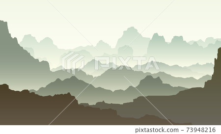 Horizontal illustration of morning in rocky low mountains. 73948216