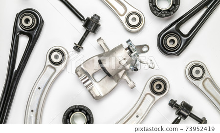 Car service tools. Set of new metal car part. Auto motor mechanic spare or automotive piece isolated on white background. Technology of mechanical gear with space for text. 73952419