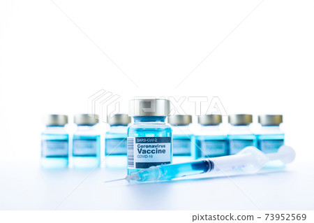Injection bottle. Medical syringe with needle for protection flu virus and coronavirus. Covid vaccine isolated on white. Medicine plastic vaccination equipment with needle. 73952569