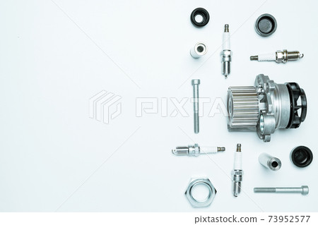 Car service tools. Set of new metal car part. Auto motor mechanic spare or automotive piece isolated on white background. Technology of mechanical gear with space for text. 73952577