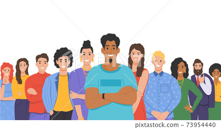 Multicultural group of people. People of different races and cultures. Cartoon characters set in flat design style. Vector 73954440