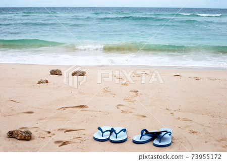 Sea and wave with blue sky. Flip flops on beach Sea and wave with blue sky. Flip flops on beach 73955172
