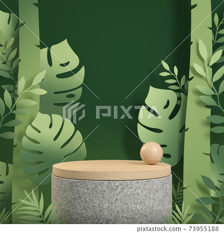 Mockup Wood Podium Display With Green Tropical Forest Paper Art Concept Background 3d Render 73955188