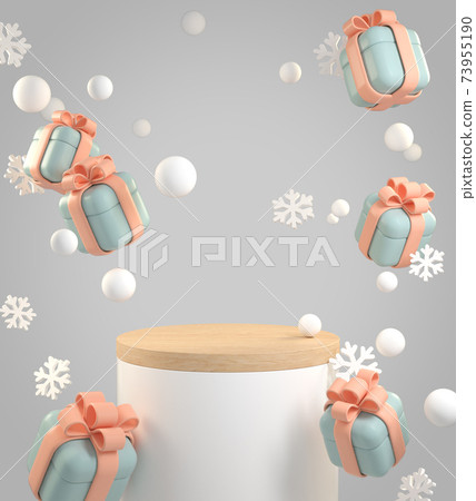 Mockup Stage Festive Gift box With Snow And Snowflake Falling Abstract Background 3d Render 73955190