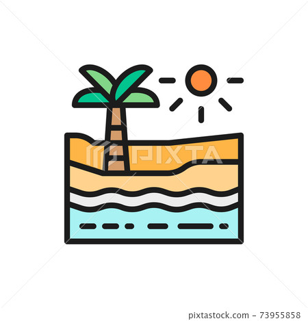 Beach with palm tree, sea and desert flat color line icon. 73955858