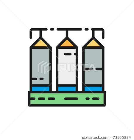 Grain silo, wheat factory, farm buildings flat color line icon. 73955884