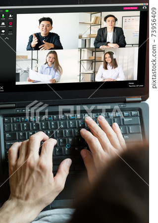 web conference virtual office team laptop screen 73956409