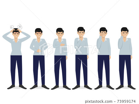 Young man in casual clothes standing in organ pain in different poses. Set isolated vector illustration. 73959174