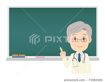 A male doctor in a white coat explaining on the blackboard 73960990