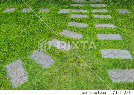 Walkway sheet stretching into the distance with green grass lawn in perspective view in garden. Garden landscape design concept, A row of square-shaped walkways in the public park. 73961236