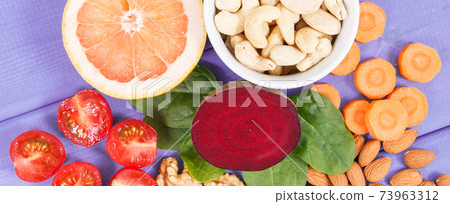 Healthy products as source minerals, vitamin B7 and fiber, nutritious eating concept 73963312