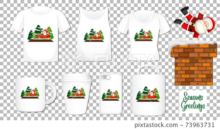 Santa Claus dancing cartoon character with set of different clothes and accessories products on transparent background Santa Claus dancing cartoon character with set of different clothes and accessories products on transparent background 73963731