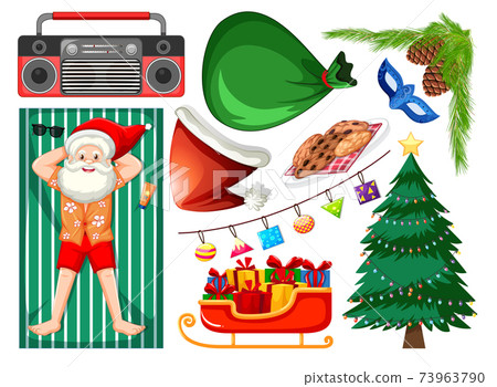 Santa Claus taking sun bath with christmas object isolated on white background 73963790