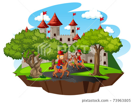 Fairytale scene with castle and soldier royal guard on white background 73963805