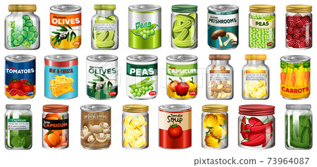 Set of different canned food and food in jars isolated Set of different canned food and food in jars isolated 73964087