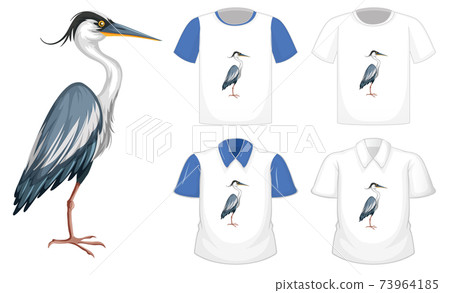 Set of different shirts with great blue heron cartoon character isolated on white background 73964185