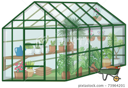 Many Plants in Greenhouse with glass wall and wheelbarrow on white background Many Plants in Greenhouse with glass wall and wheelbarrow on white background 73964201