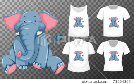 Elephant in sitting position cartoon character with many types of shirts on transparent background 73964365