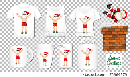 Santa Claus dancing cartoon character with set of different clothes and accessories products on transparent background Santa Claus dancing cartoon character with set of different clothes and accessories products on transparent background 73964579