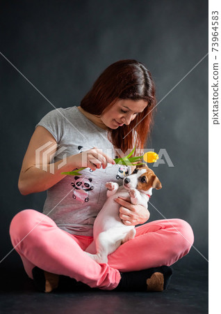 Red-haired woman holding a yellow tulip and playing with her puppy on a black background Red-haired woman holding a yellow tulip and playing with her puppy on a black background 73964583